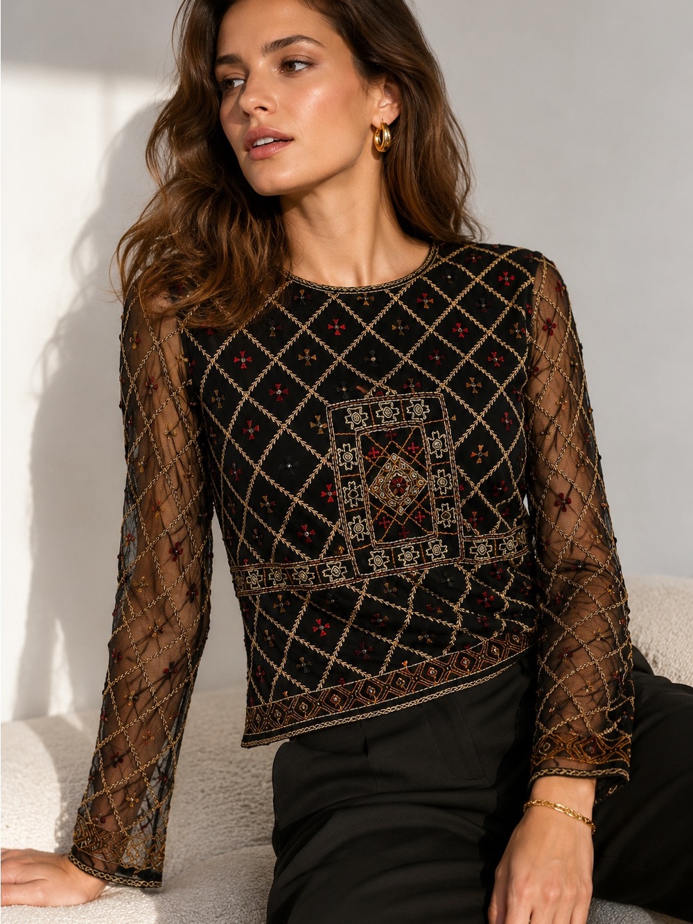 Zara Embroidered Black Mesh Long-Sleeve Top T-27
